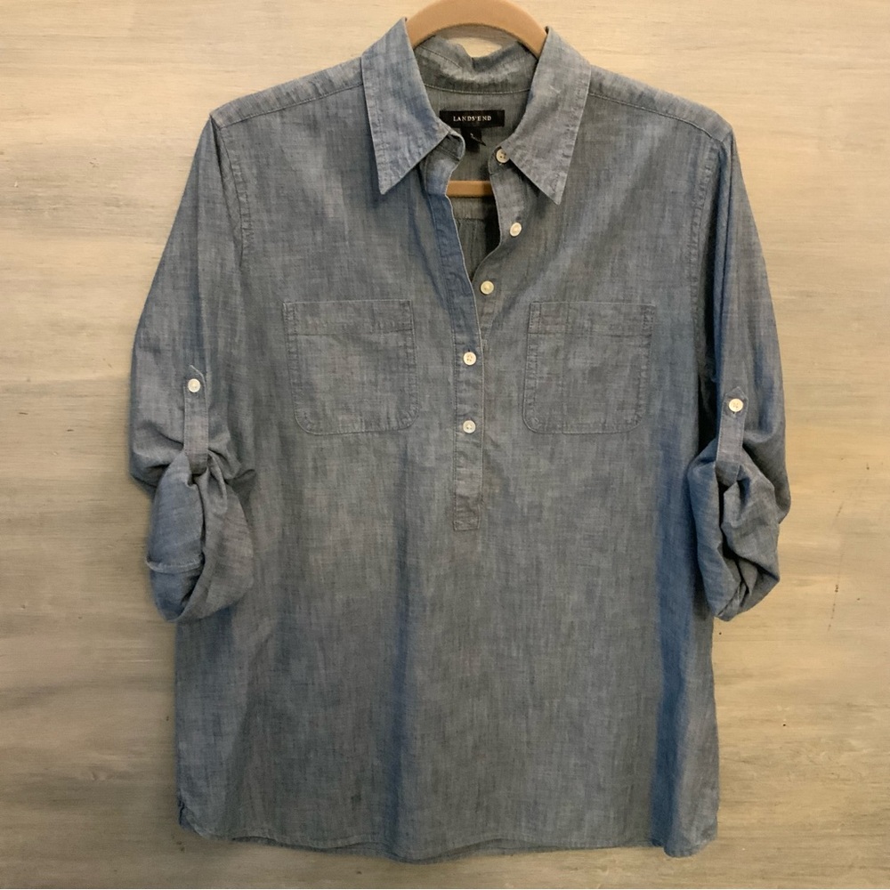 Lands’ End‎ Light Denim Roll Up Sleeve Collared Shirt Small Like New